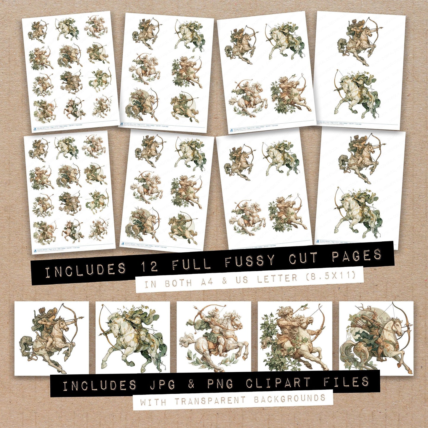 Full collection view of Watercolour Horse Archer fussy cut sheets with bonus clipart JPG and PNG files