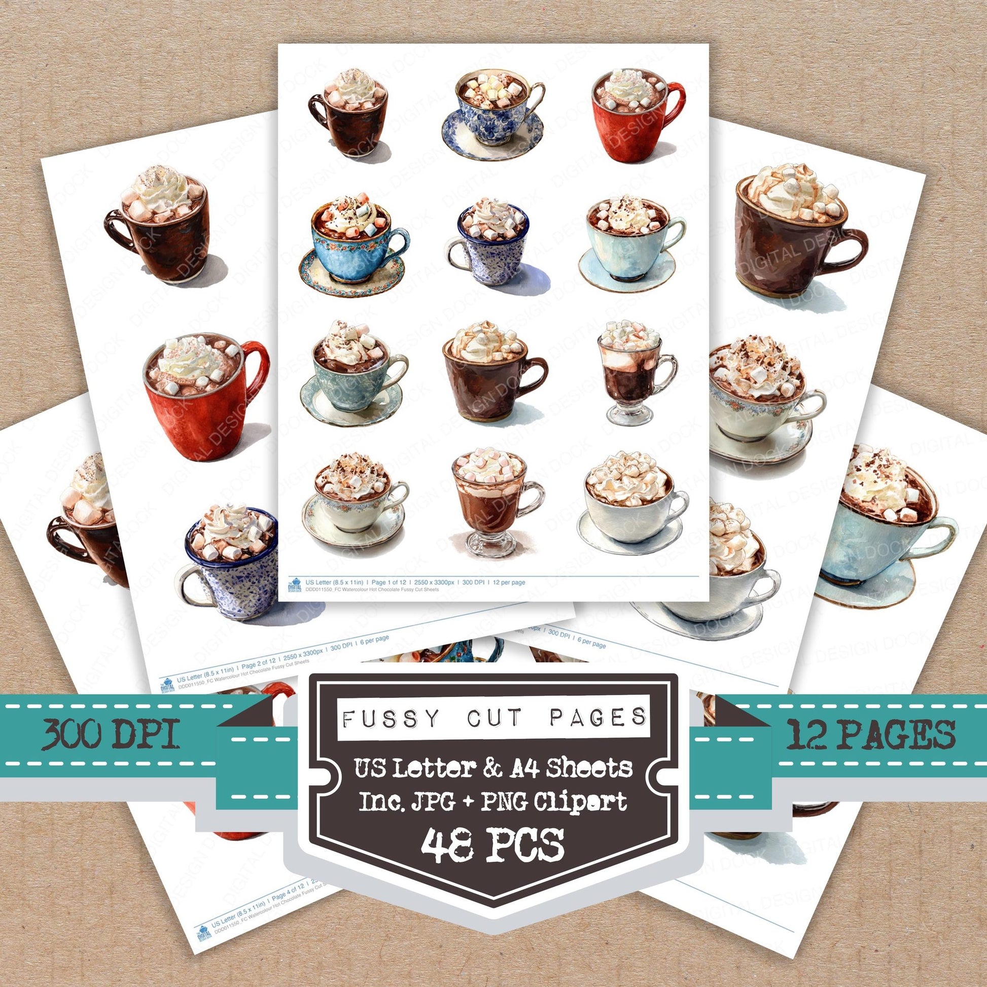 Watercolour Hot Chocolate fussy cut printable sheets for junk journaling, scrapbooking, and paper craft projects