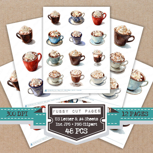 Watercolour Hot Chocolate fussy cut printable sheets for junk journaling, scrapbooking, and paper craft projects
