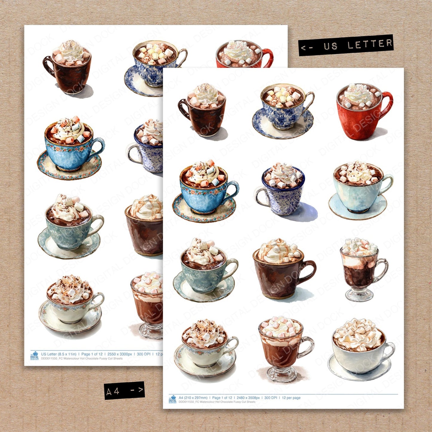 A4 and US Letter format comparison showing Watercolour Hot Chocolate fussy cut pages for print and cut crafting