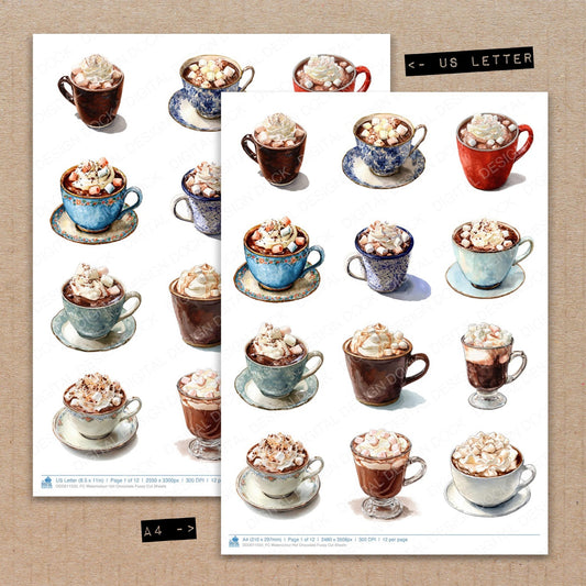 A4 and US Letter format comparison showing Watercolour Hot Chocolate fussy cut pages for print and cut crafting