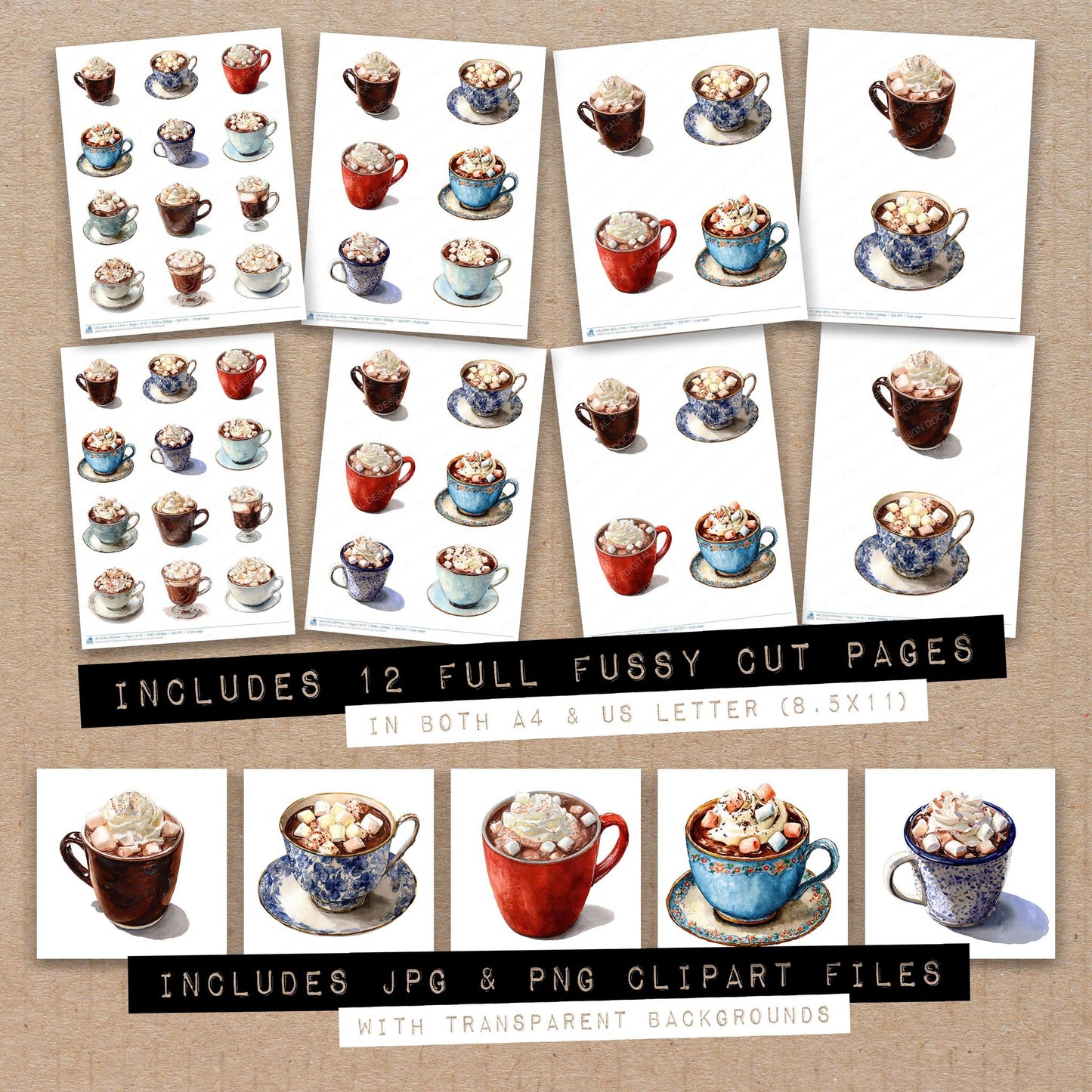 Full collection view of Watercolour Hot Chocolate fussy cut sheets with bonus clipart JPG and PNG files
