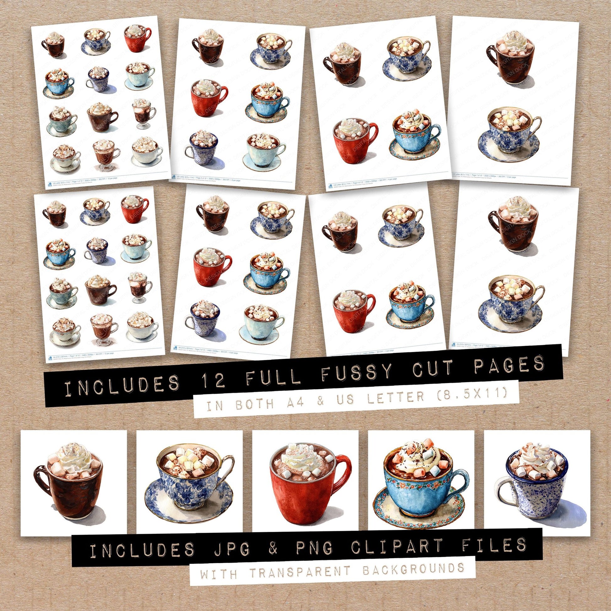 Full collection view of Watercolour Hot Chocolate fussy cut sheets with bonus clipart JPG and PNG files