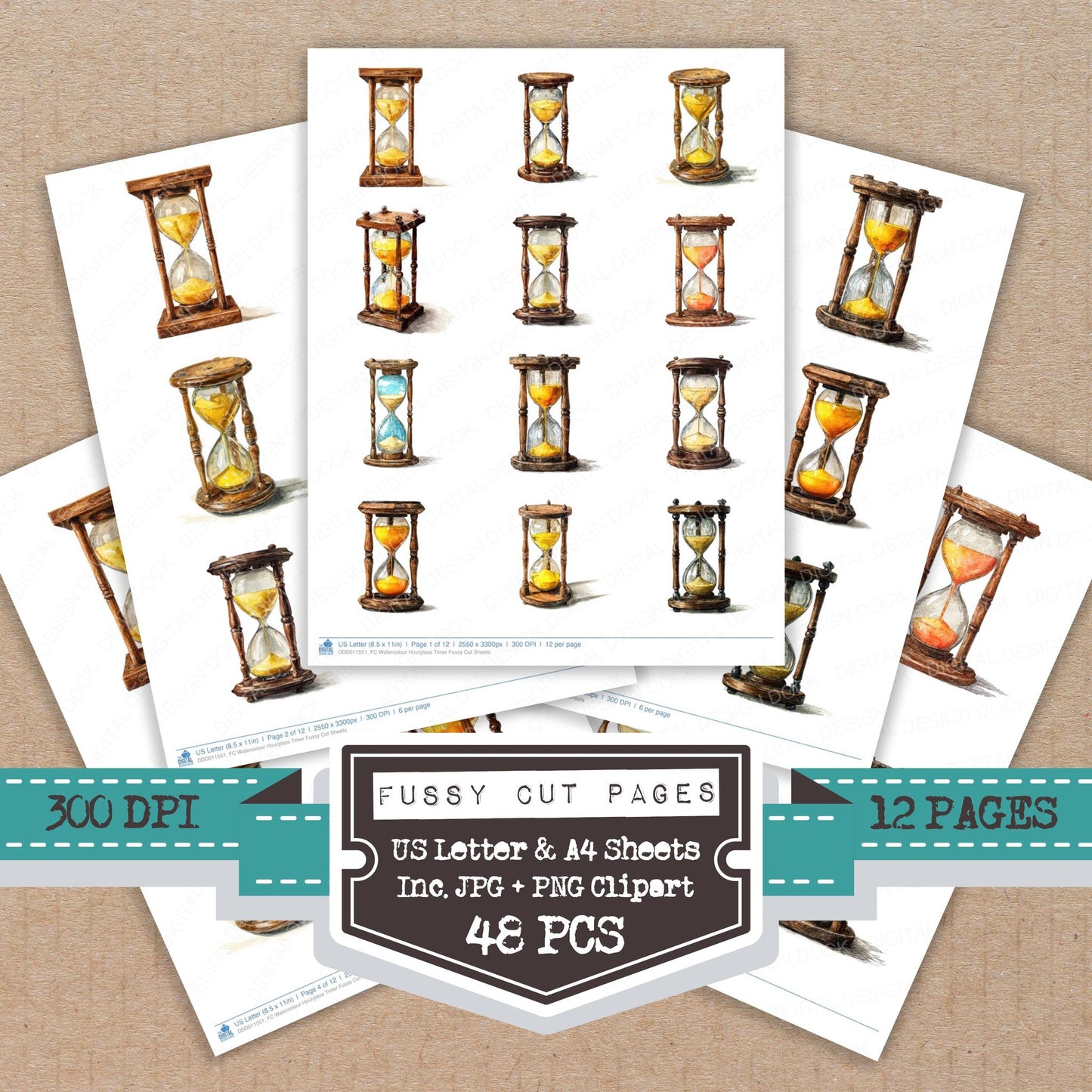 Watercolour Hourglass Timer fussy cut printable sheets for junk journaling, scrapbooking, and paper craft projects