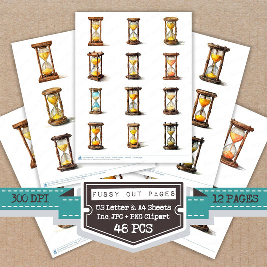 Watercolour Hourglass Timer fussy cut printable sheets for junk journaling, scrapbooking, and paper craft projects