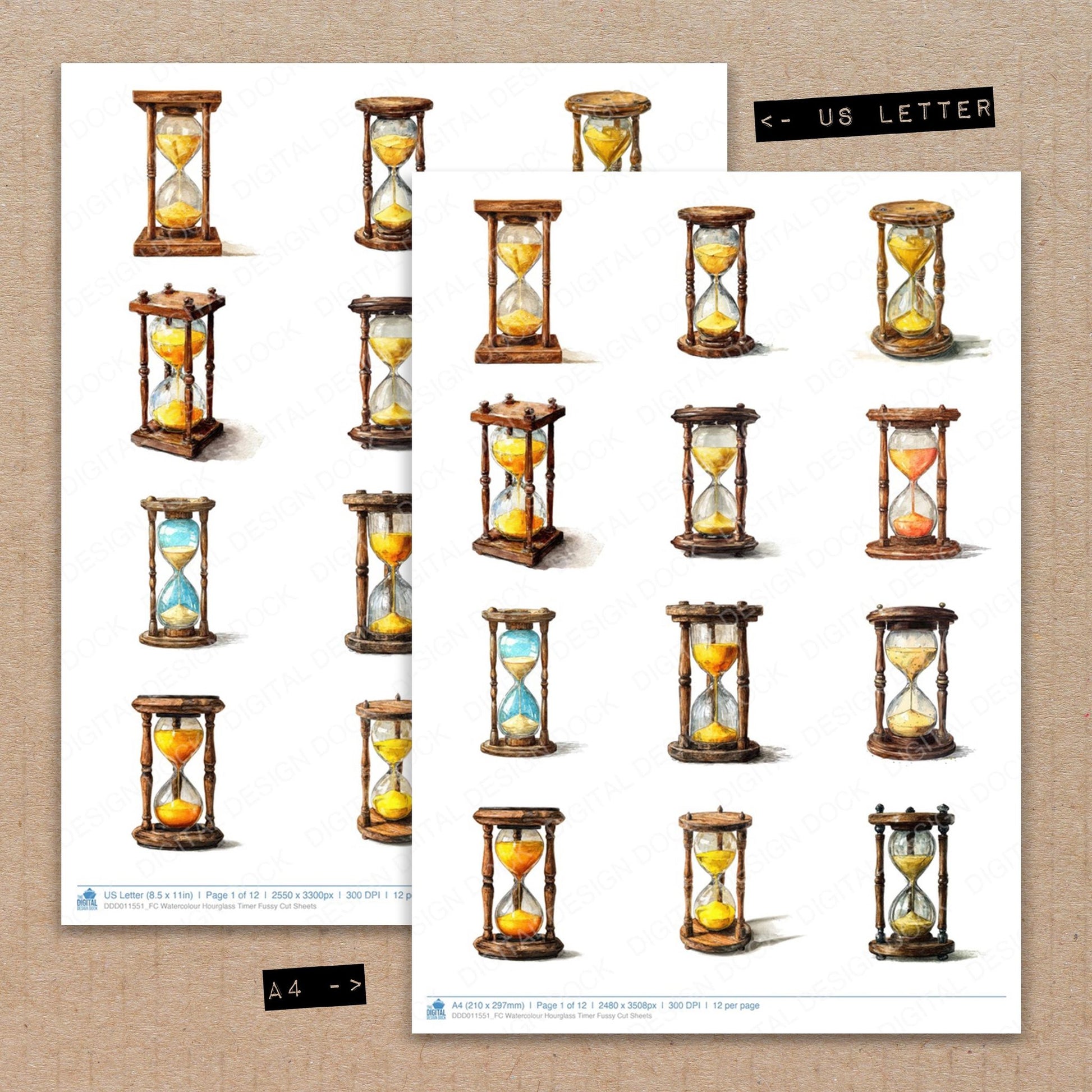 A4 and US Letter format comparison showing Watercolour Hourglass Timer fussy cut pages for print and cut crafting