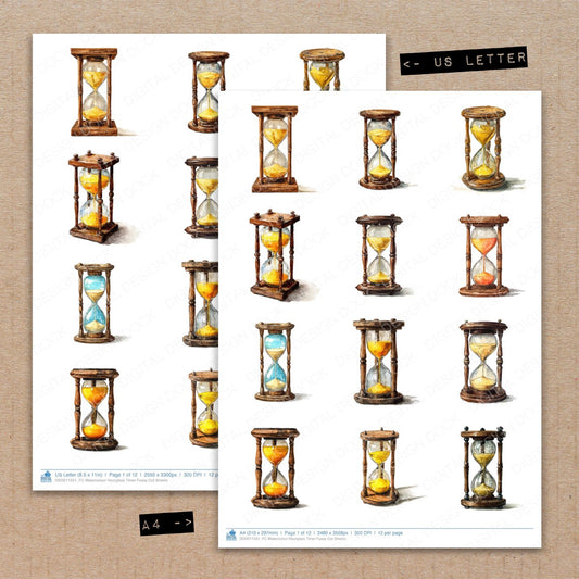 A4 and US Letter format comparison showing Watercolour Hourglass Timer fussy cut pages for print and cut crafting