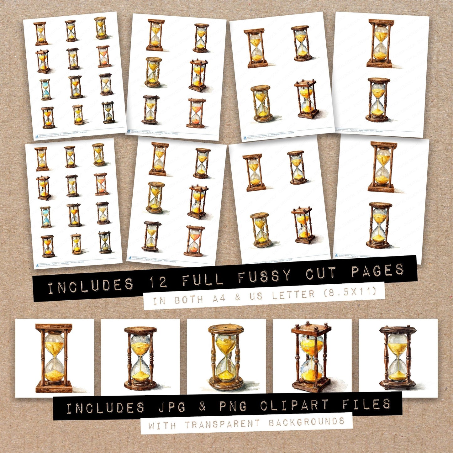 Full collection view of Watercolour Hourglass Timer fussy cut sheets with bonus clipart JPG and PNG files