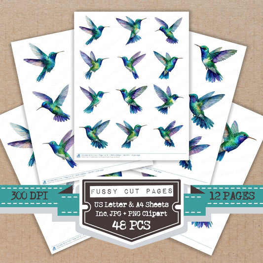 Watercolour Hummingbird Flight fussy cut printable sheets for junk journaling, scrapbooking, and paper craft projects