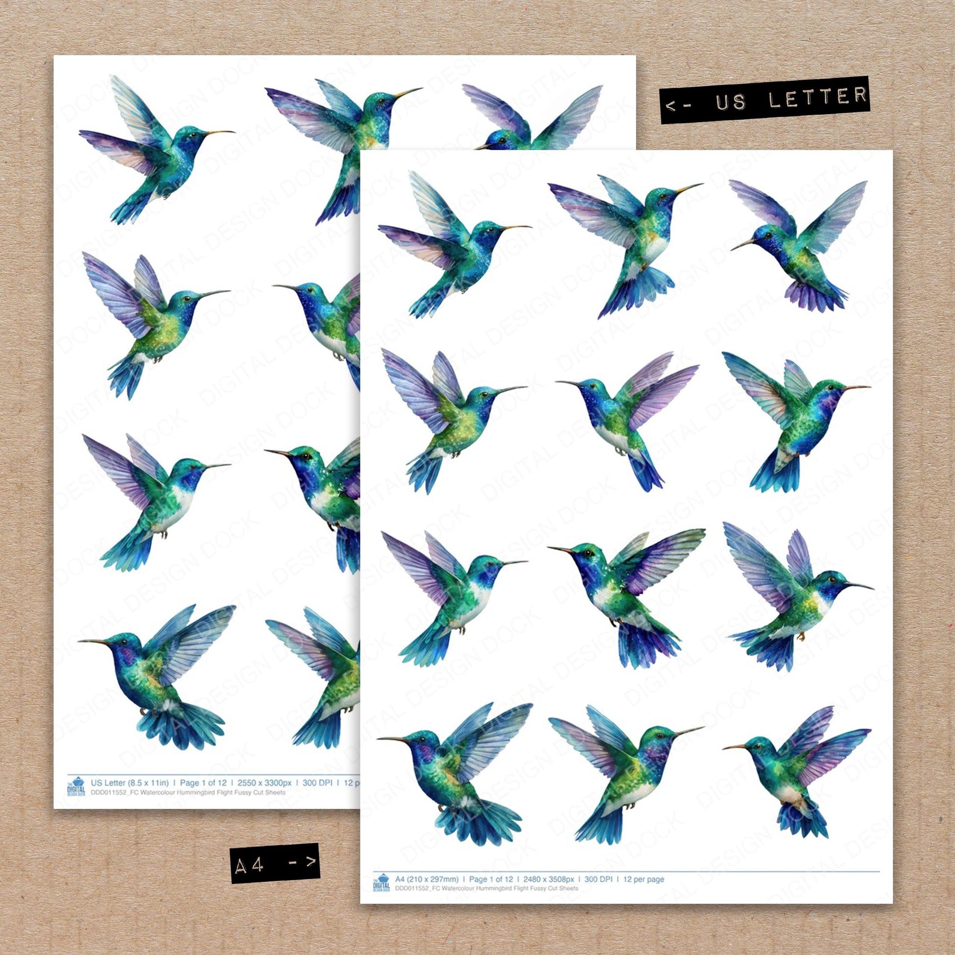 A4 and US Letter format comparison showing Watercolour Hummingbird Flight fussy cut pages for print and cut crafting