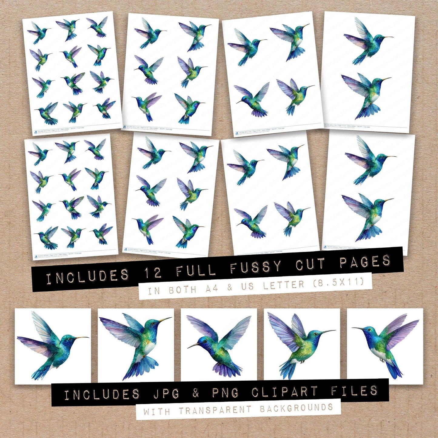 Full collection view of Watercolour Hummingbird Flight fussy cut sheets with bonus clipart JPG and PNG files