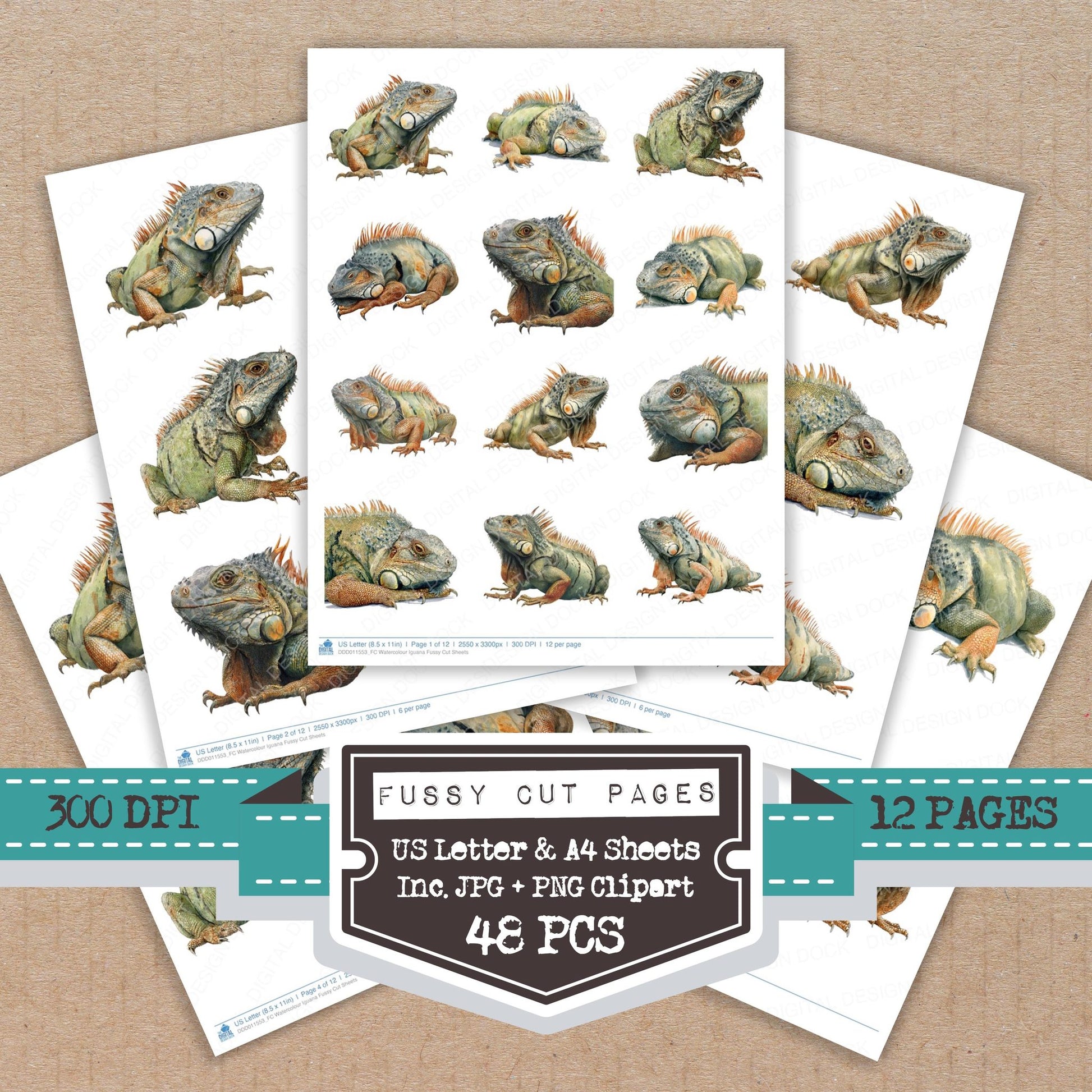 Watercolour Iguana fussy cut printable sheets for junk journaling, scrapbooking, and paper craft projects
