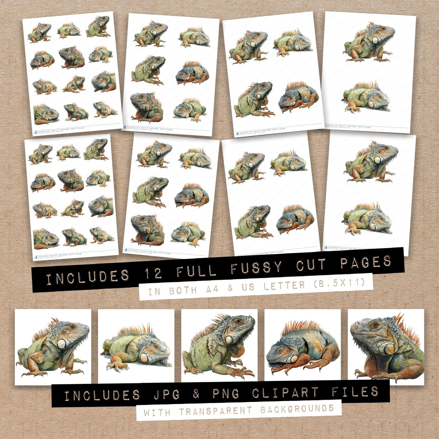 Full collection view of Watercolour Iguana fussy cut sheets with bonus clipart JPG and PNG files