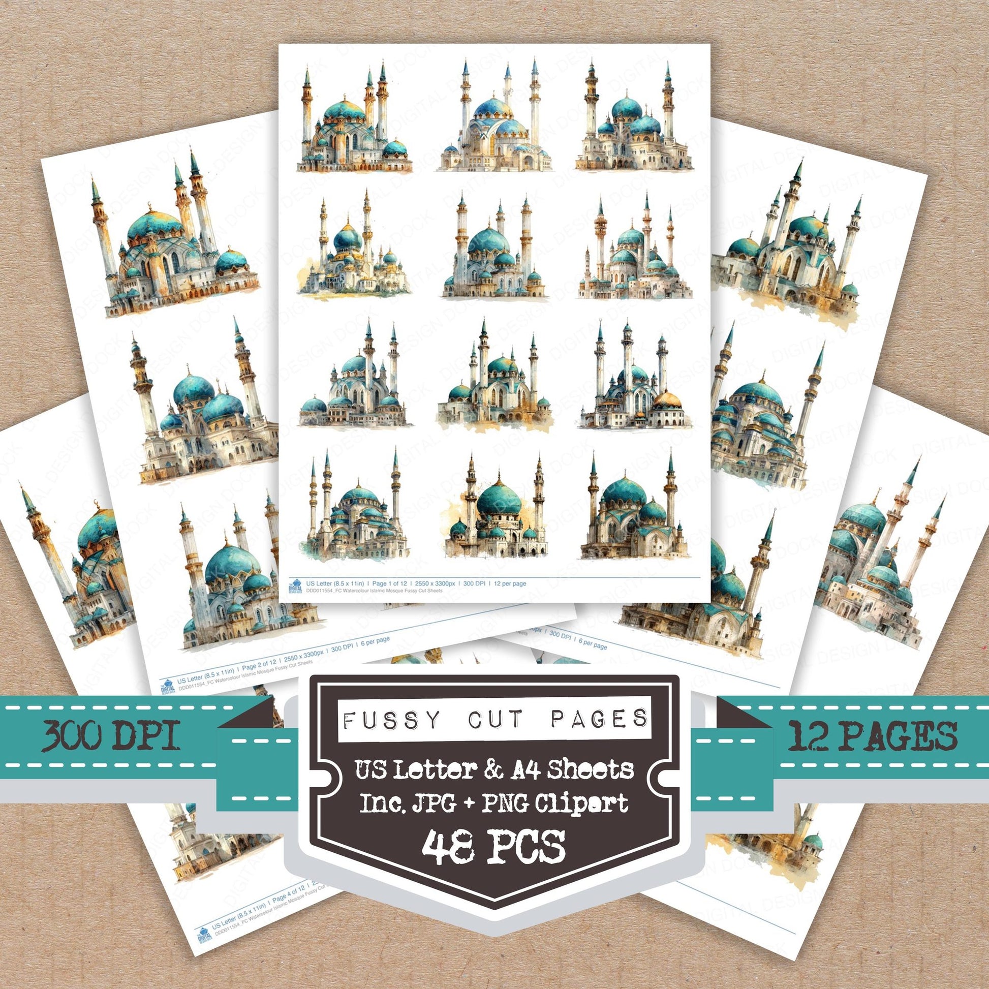 Watercolour Islamic Mosque fussy cut printable sheets for junk journaling, scrapbooking, and paper craft projects