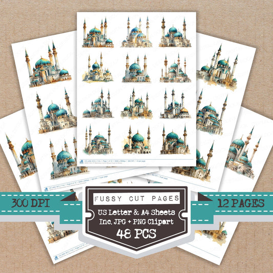 Watercolour Islamic Mosque fussy cut printable sheets for junk journaling, scrapbooking, and paper craft projects