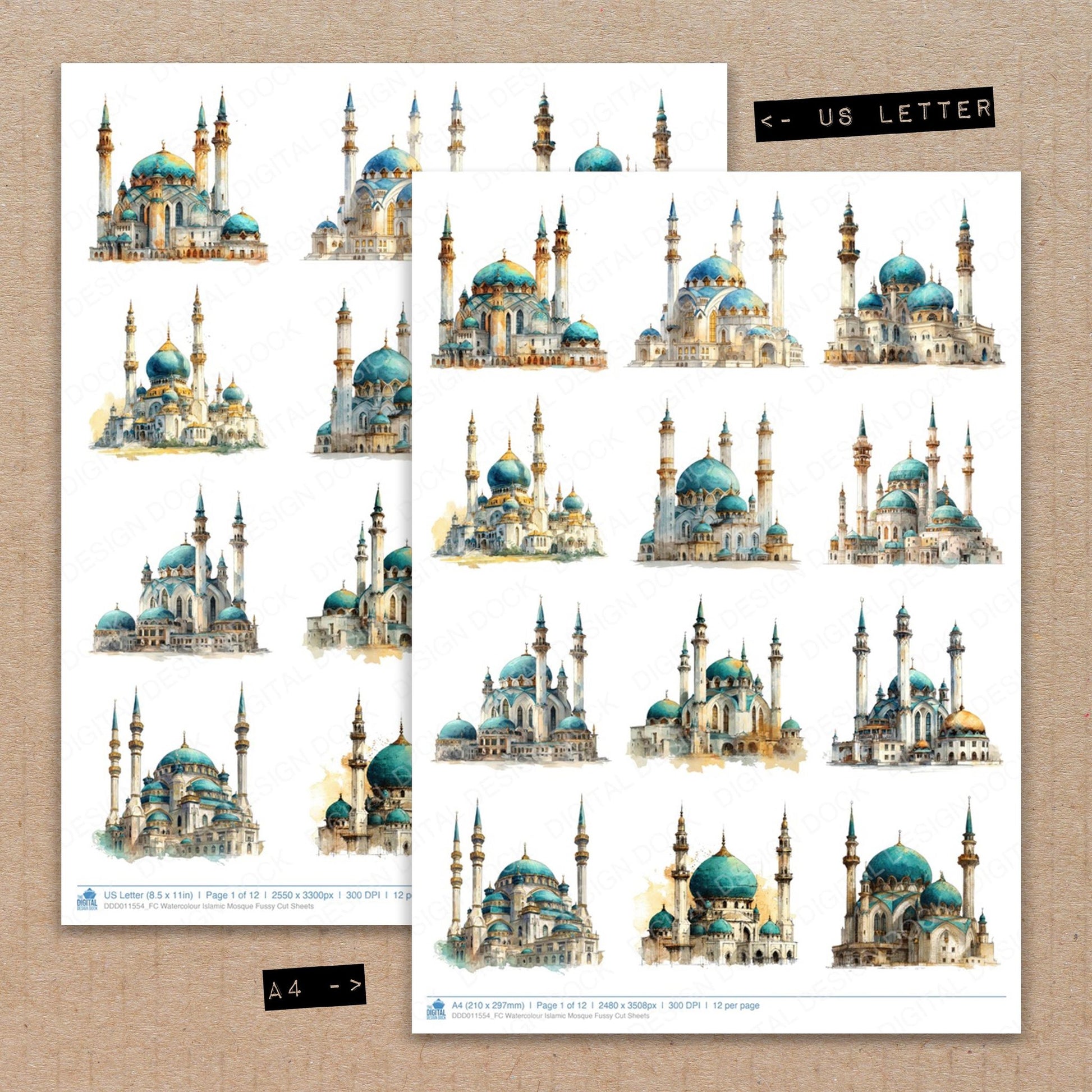 A4 and US Letter format comparison showing Watercolour Islamic Mosque fussy cut pages for print and cut crafting