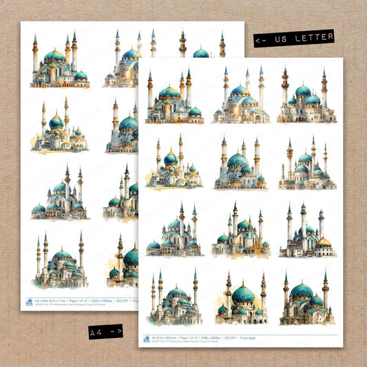 A4 and US Letter format comparison showing Watercolour Islamic Mosque fussy cut pages for print and cut crafting