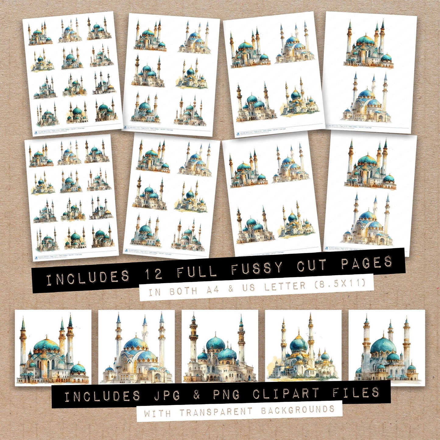 Full collection view of Watercolour Islamic Mosque fussy cut sheets with bonus clipart JPG and PNG files