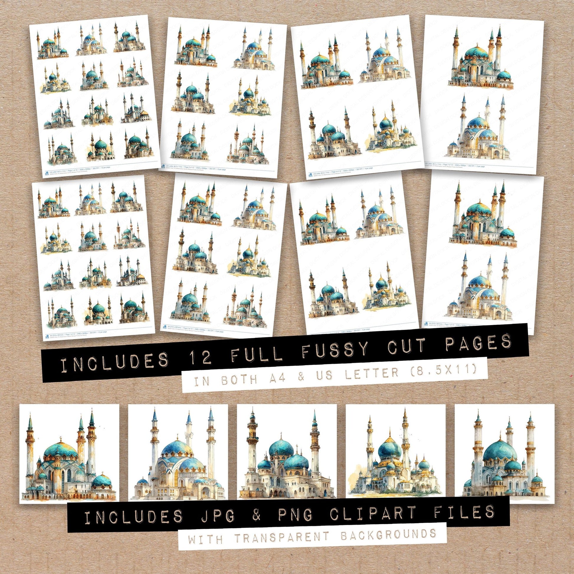 Full collection view of Watercolour Islamic Mosque fussy cut sheets with bonus clipart JPG and PNG files