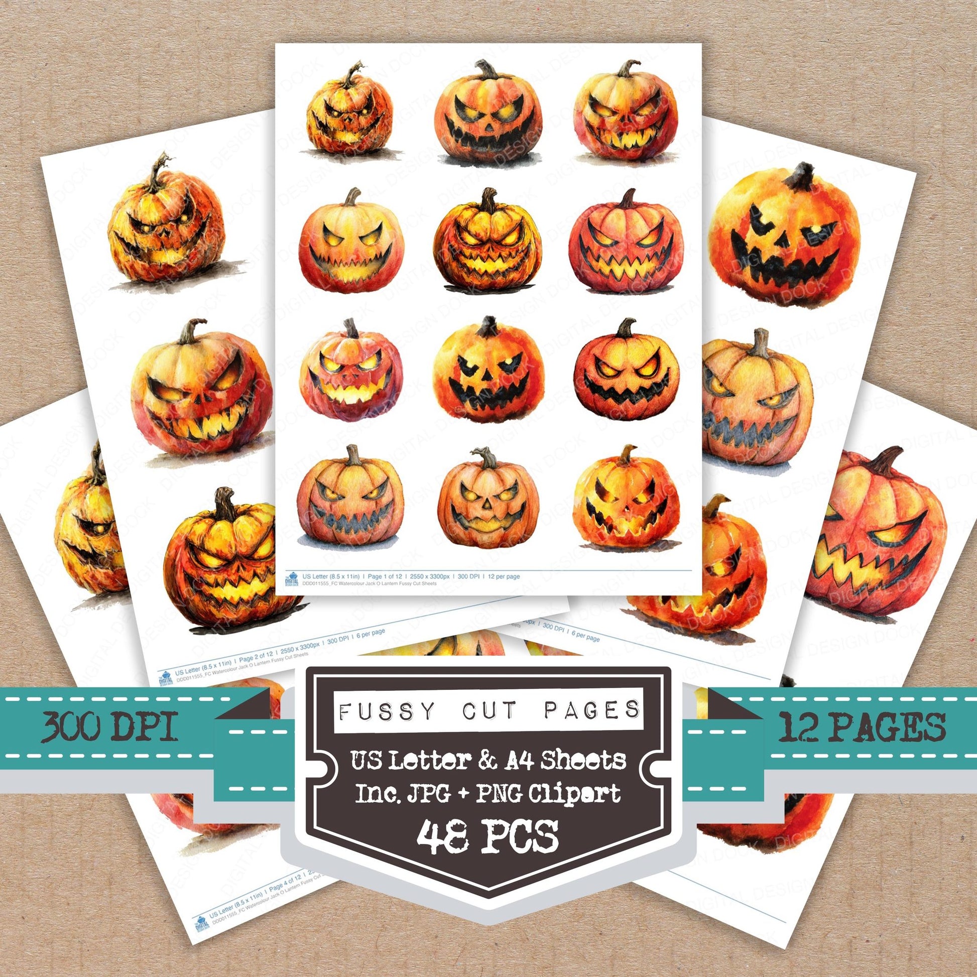 Watercolour Jack O Lantern fussy cut printable sheets for junk journaling, scrapbooking, and paper craft projects