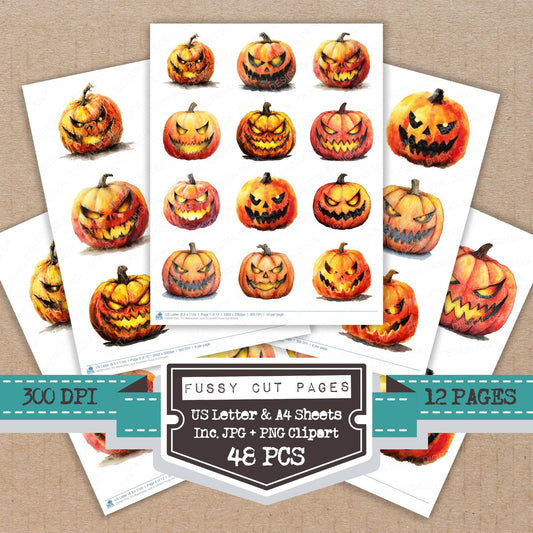 Watercolour Jack O Lantern fussy cut printable sheets for junk journaling, scrapbooking, and paper craft projects