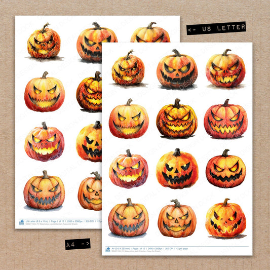 A4 and US Letter format comparison showing Watercolour Jack O Lantern fussy cut pages for print and cut crafting