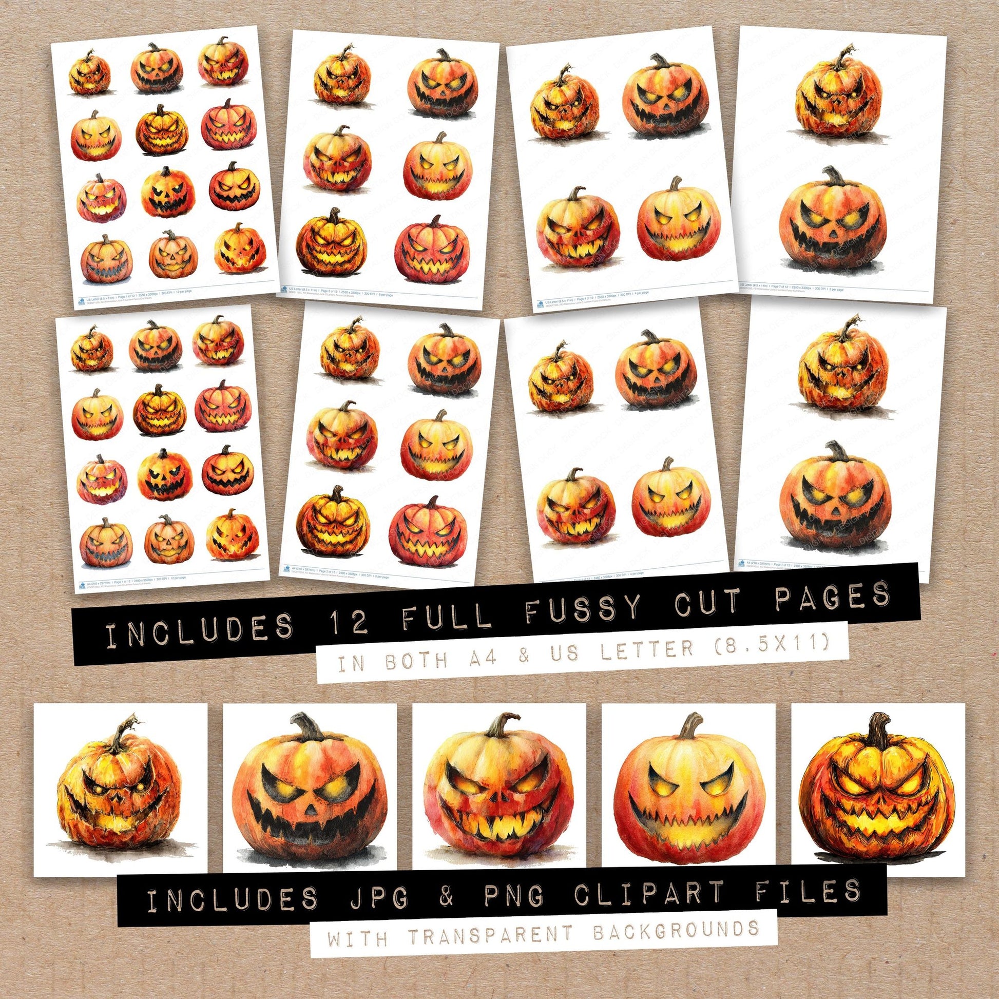 Full collection view of Watercolour Jack O Lantern fussy cut sheets with bonus clipart JPG and PNG files