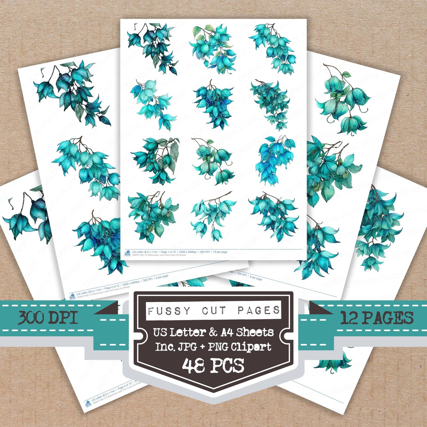Watercolour Jade Vine fussy cut printable sheets for junk journaling, scrapbooking, and paper craft projects