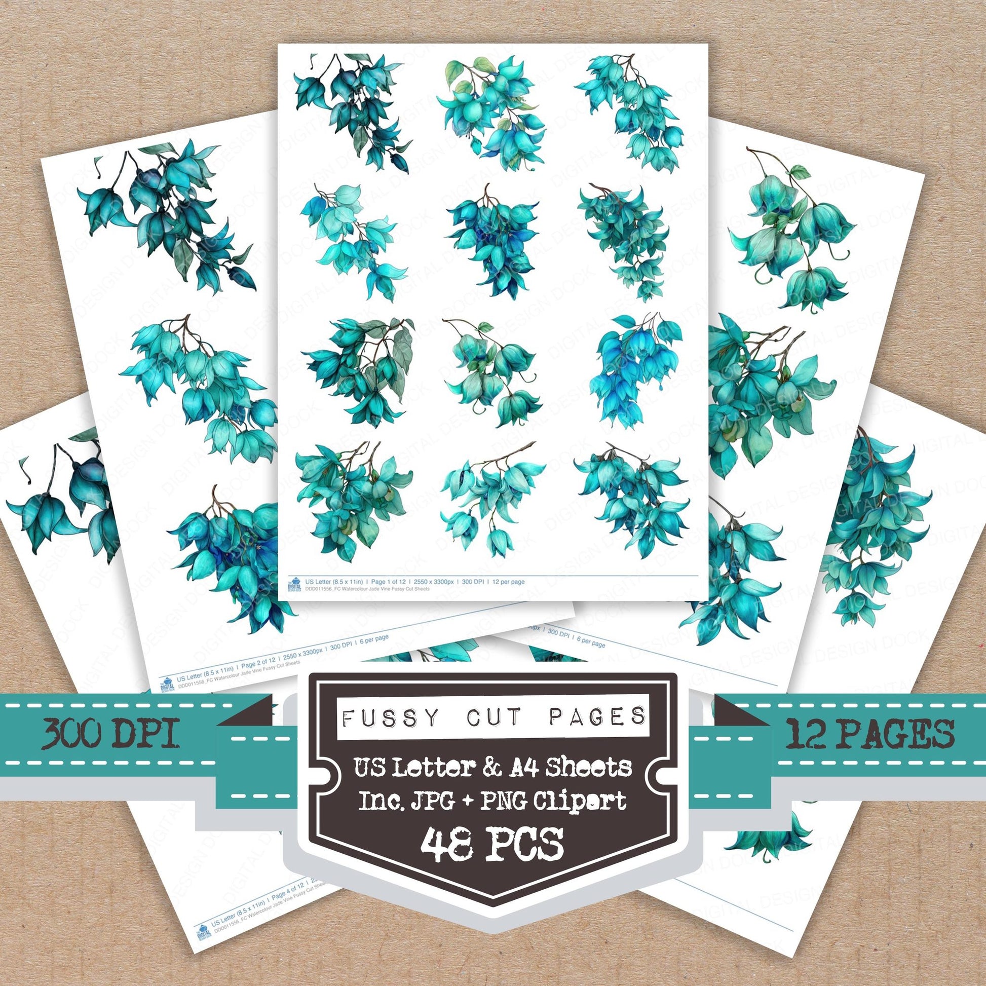 Watercolour Jade Vine fussy cut printable sheets for junk journaling, scrapbooking, and paper craft projects