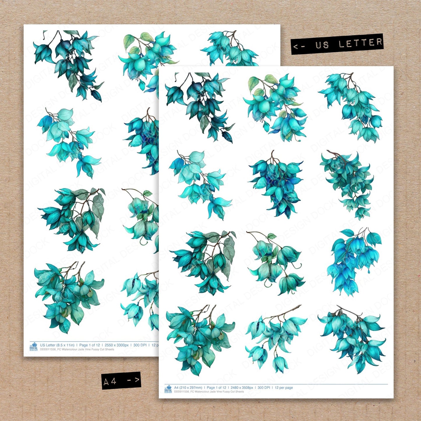 A4 and US Letter format comparison showing Watercolour Jade Vine fussy cut pages for print and cut crafting