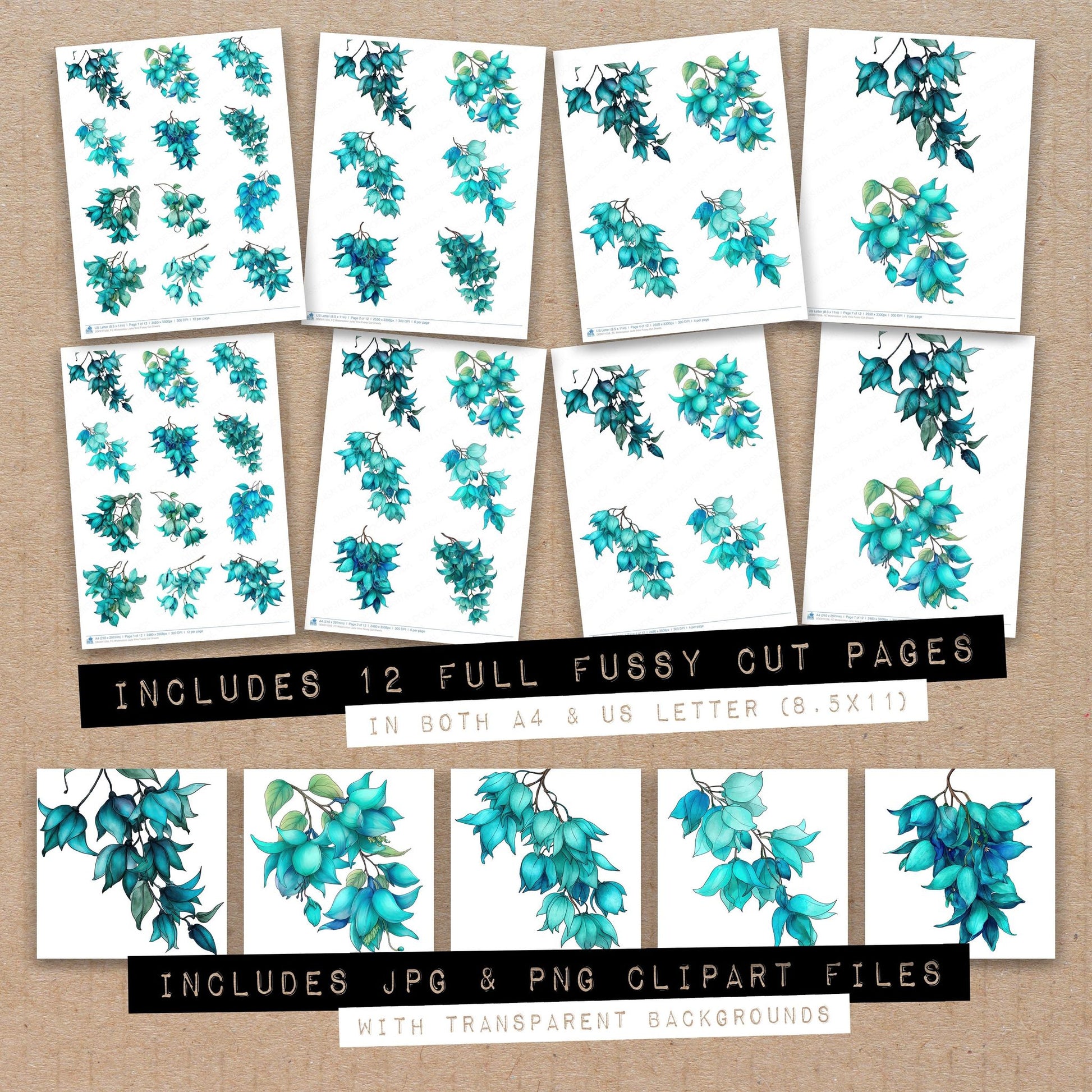 Full collection view of Watercolour Jade Vine fussy cut sheets with bonus clipart JPG and PNG files
