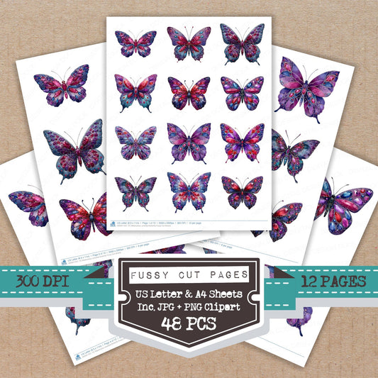 Watercolour Jewelled Butterfly fussy cut printable sheets for junk journaling, scrapbooking, and paper craft projects
