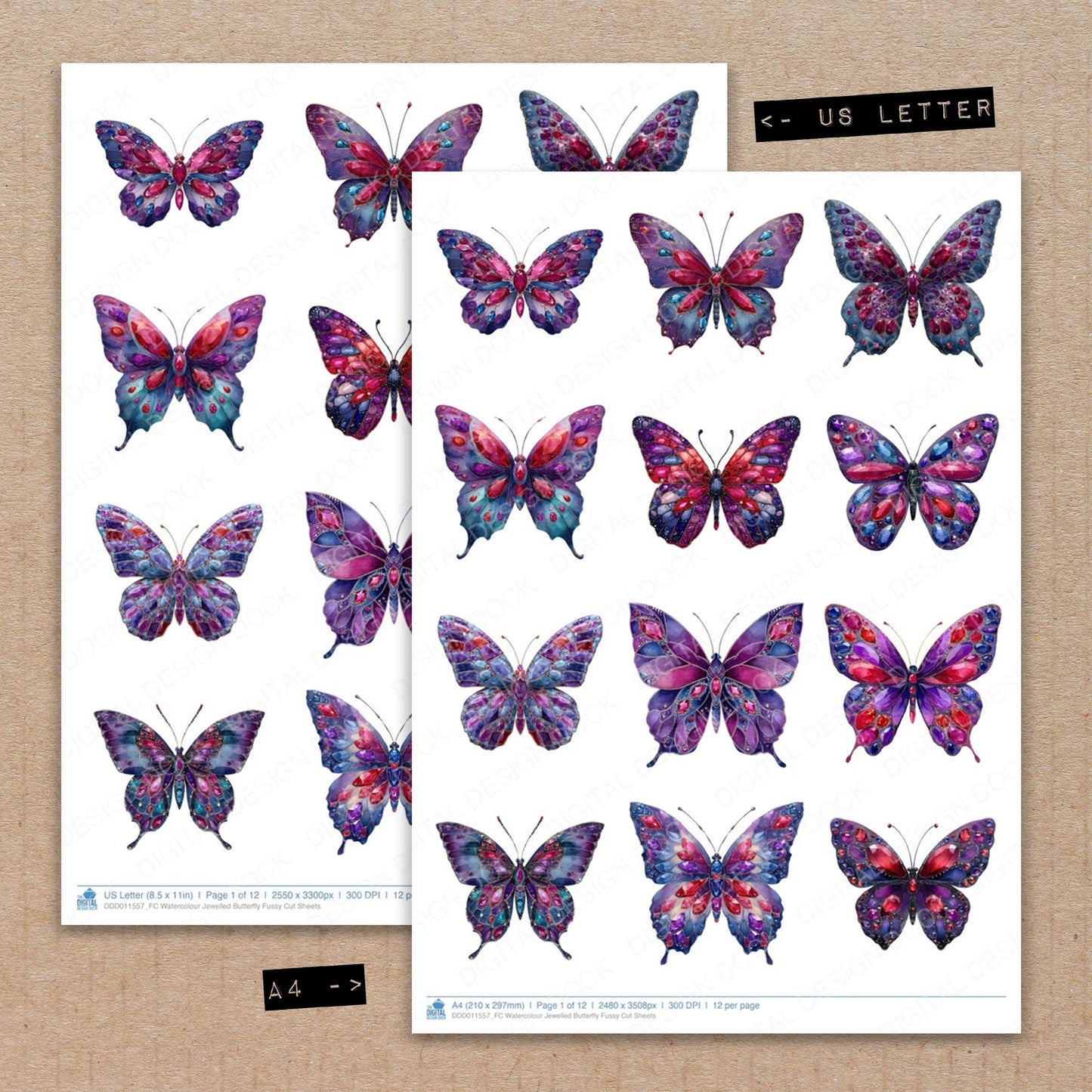 A4 and US Letter format comparison showing Watercolour Jewelled Butterfly fussy cut pages for print and cut crafting