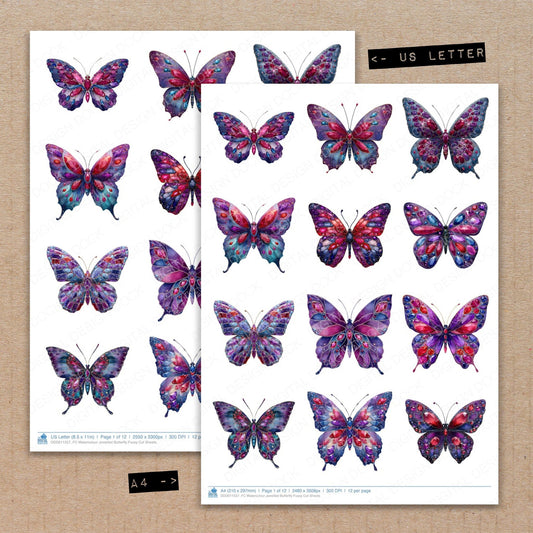 A4 and US Letter format comparison showing Watercolour Jewelled Butterfly fussy cut pages for print and cut crafting