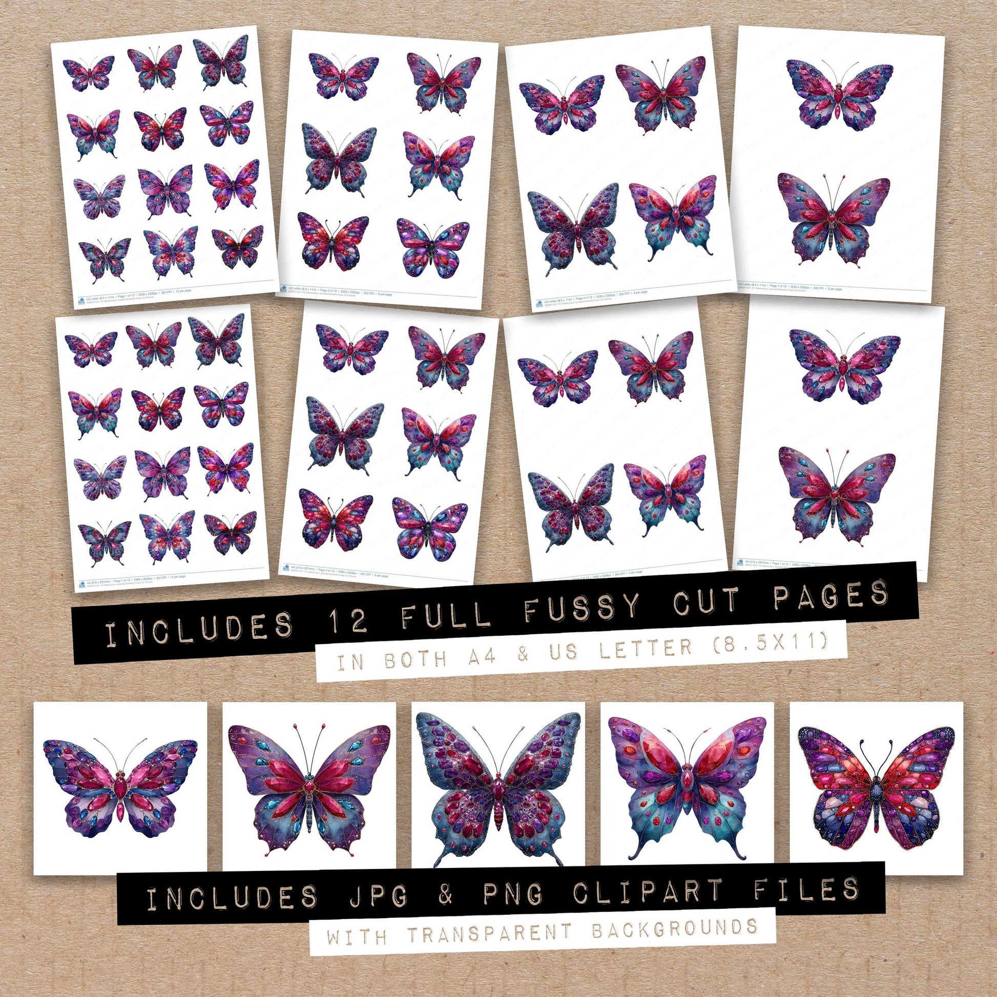 Full collection view of Watercolour Jewelled Butterfly fussy cut sheets with bonus clipart JPG and PNG files