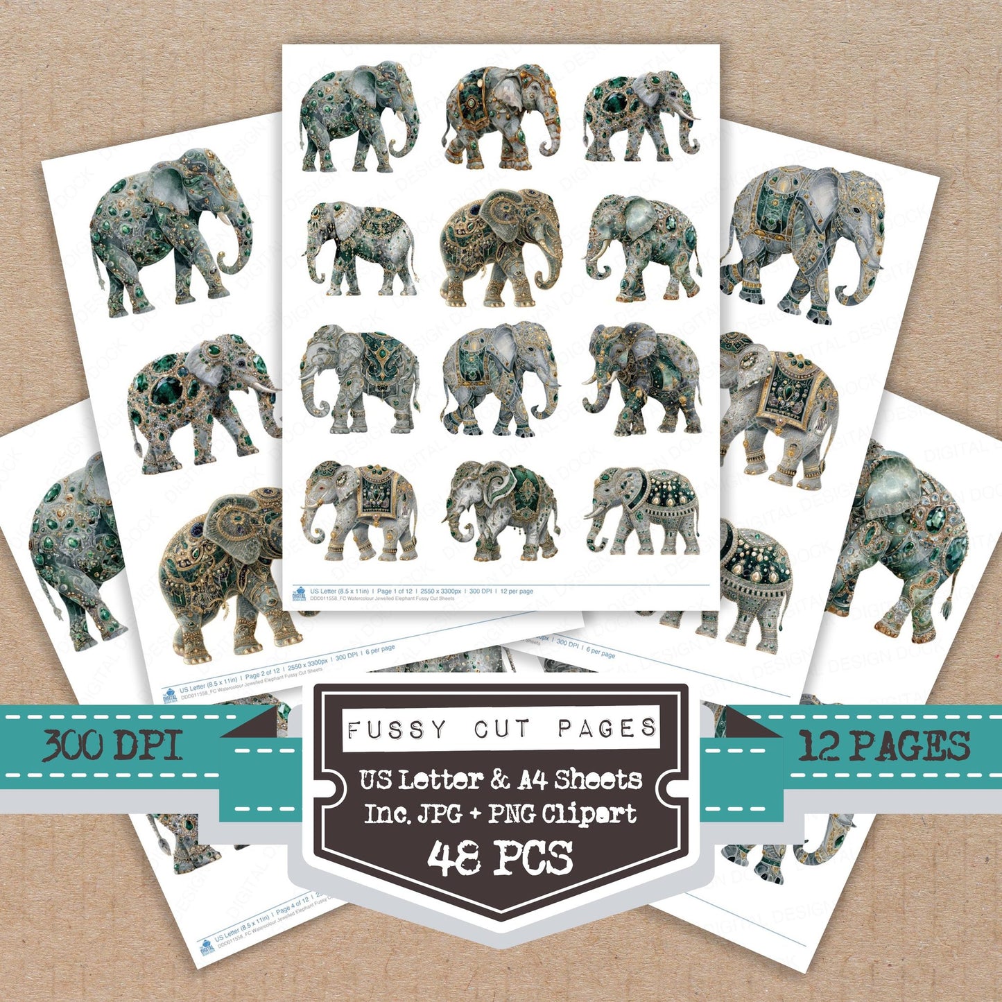 Watercolour Jewelled Elephant fussy cut printable sheets for junk journaling, scrapbooking, and paper craft projects