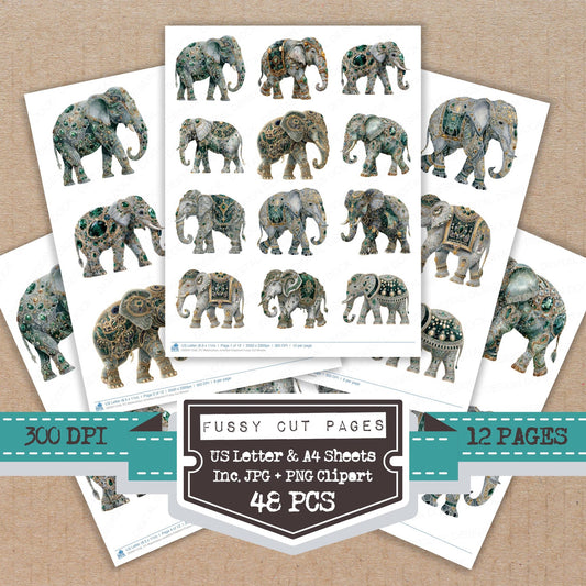Watercolour Jewelled Elephant fussy cut printable sheets for junk journaling, scrapbooking, and paper craft projects