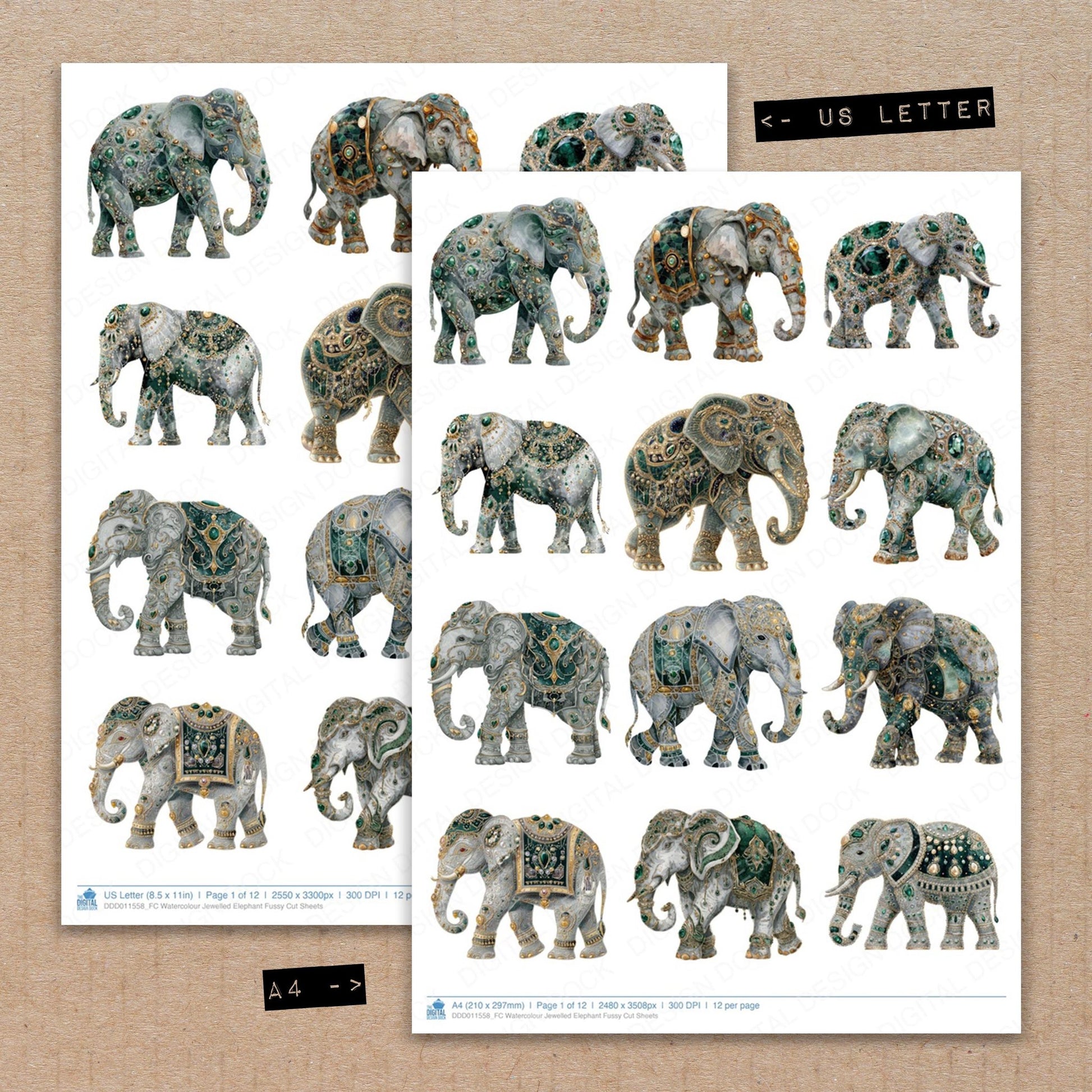 A4 and US Letter format comparison showing Watercolour Jewelled Elephant fussy cut pages for print and cut crafting