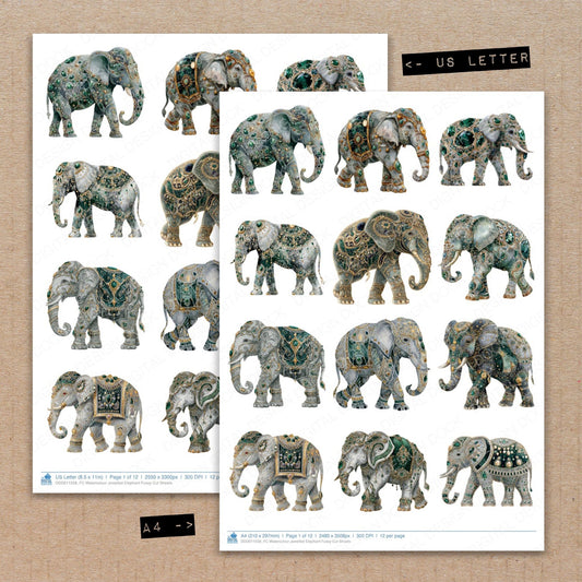 A4 and US Letter format comparison showing Watercolour Jewelled Elephant fussy cut pages for print and cut crafting