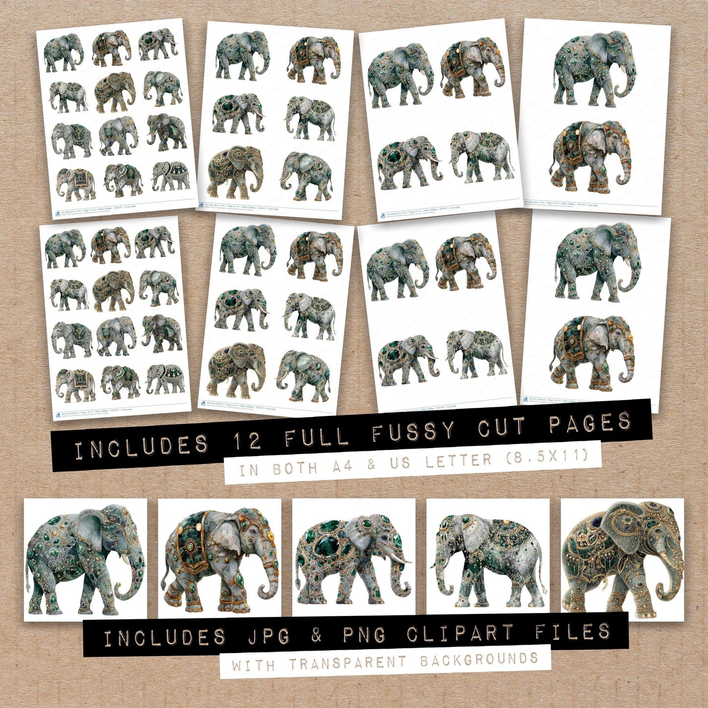 Full collection view of Watercolour Jewelled Elephant fussy cut sheets with bonus clipart JPG and PNG files