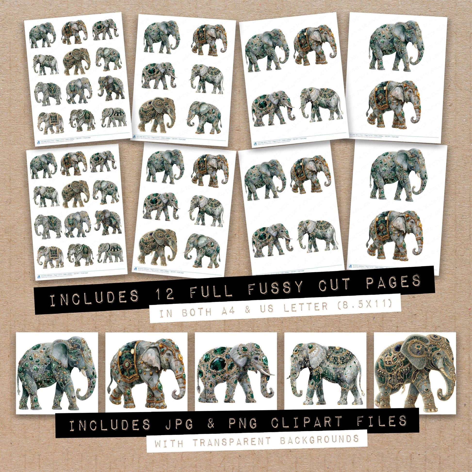 Full collection view of Watercolour Jewelled Elephant fussy cut sheets with bonus clipart JPG and PNG files