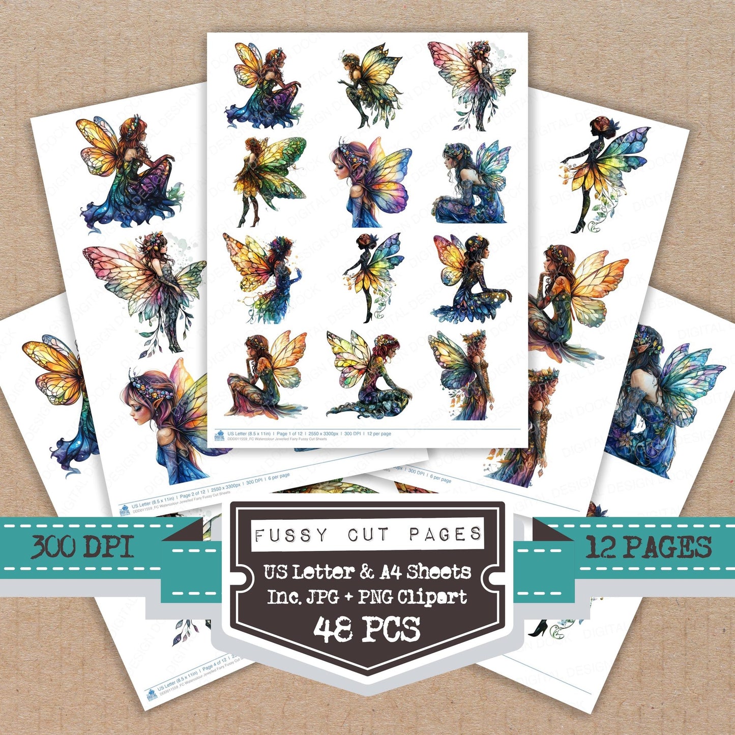 Watercolour Jewelled Fairy fussy cut printable sheets for junk journaling, scrapbooking, and paper craft projects