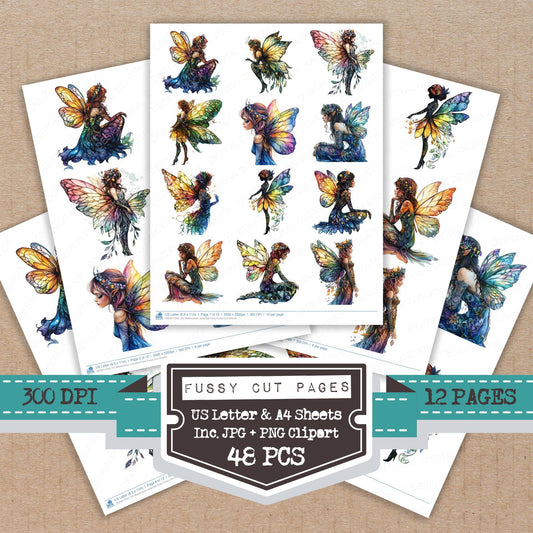 Watercolour Jewelled Fairy fussy cut printable sheets for junk journaling, scrapbooking, and paper craft projects