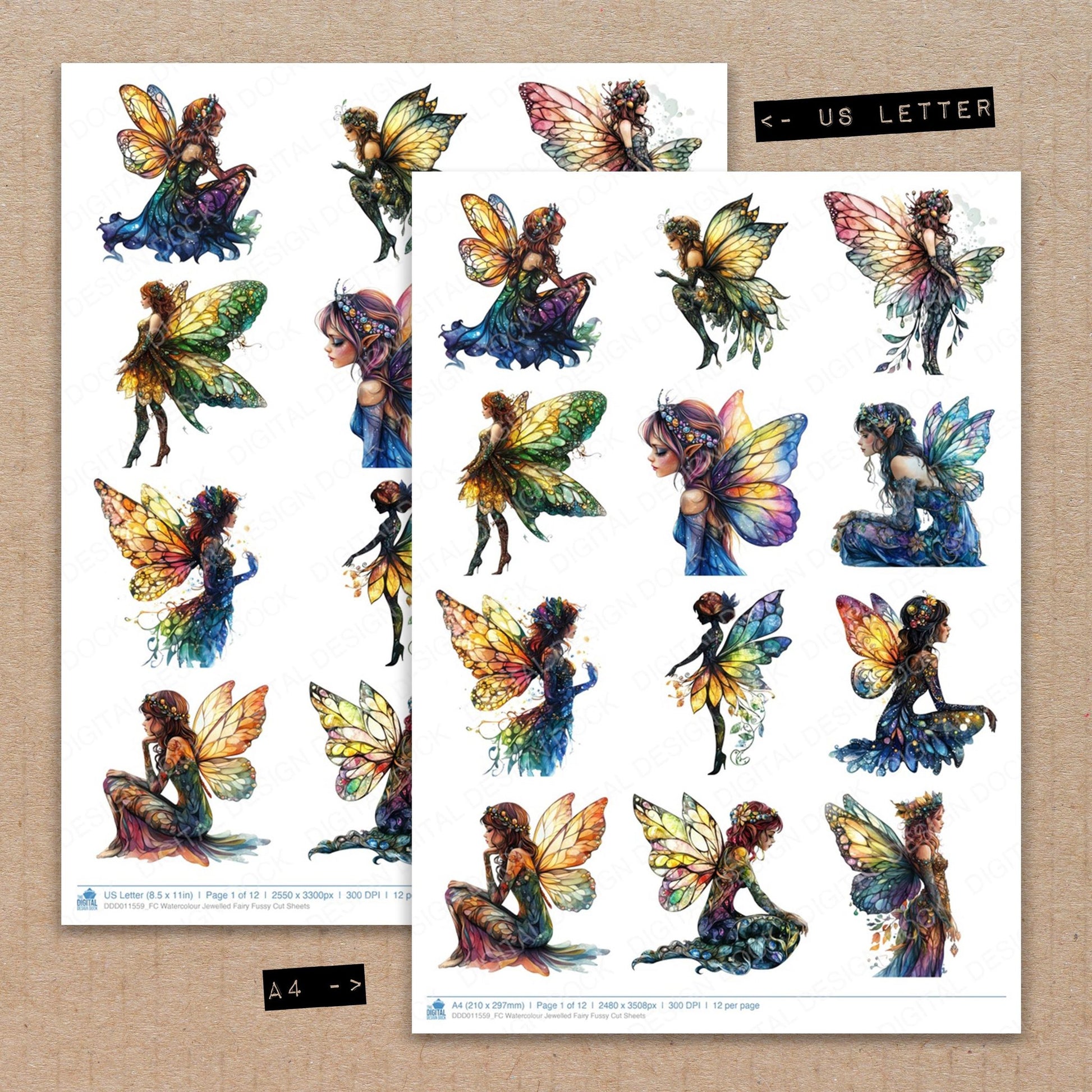 A4 and US Letter format comparison showing Watercolour Jewelled Fairy fussy cut pages for print and cut crafting