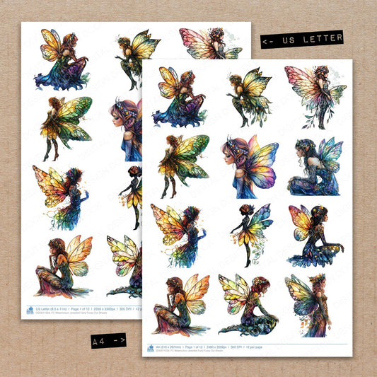 A4 and US Letter format comparison showing Watercolour Jewelled Fairy fussy cut pages for print and cut crafting