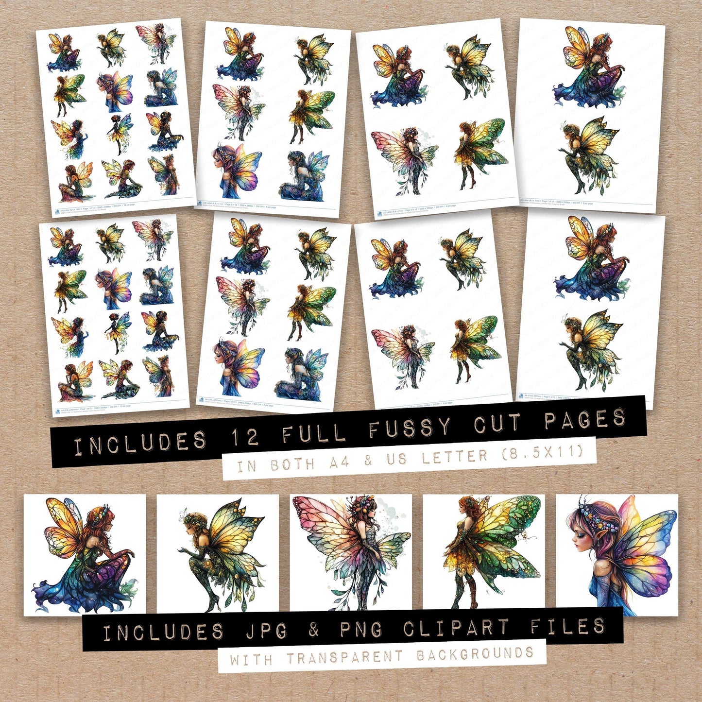 Full collection view of Watercolour Jewelled Fairy fussy cut sheets with bonus clipart JPG and PNG files