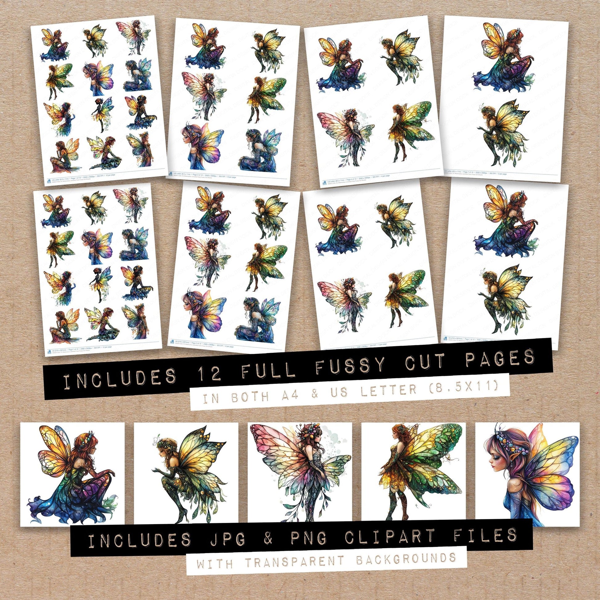 Full collection view of Watercolour Jewelled Fairy fussy cut sheets with bonus clipart JPG and PNG files