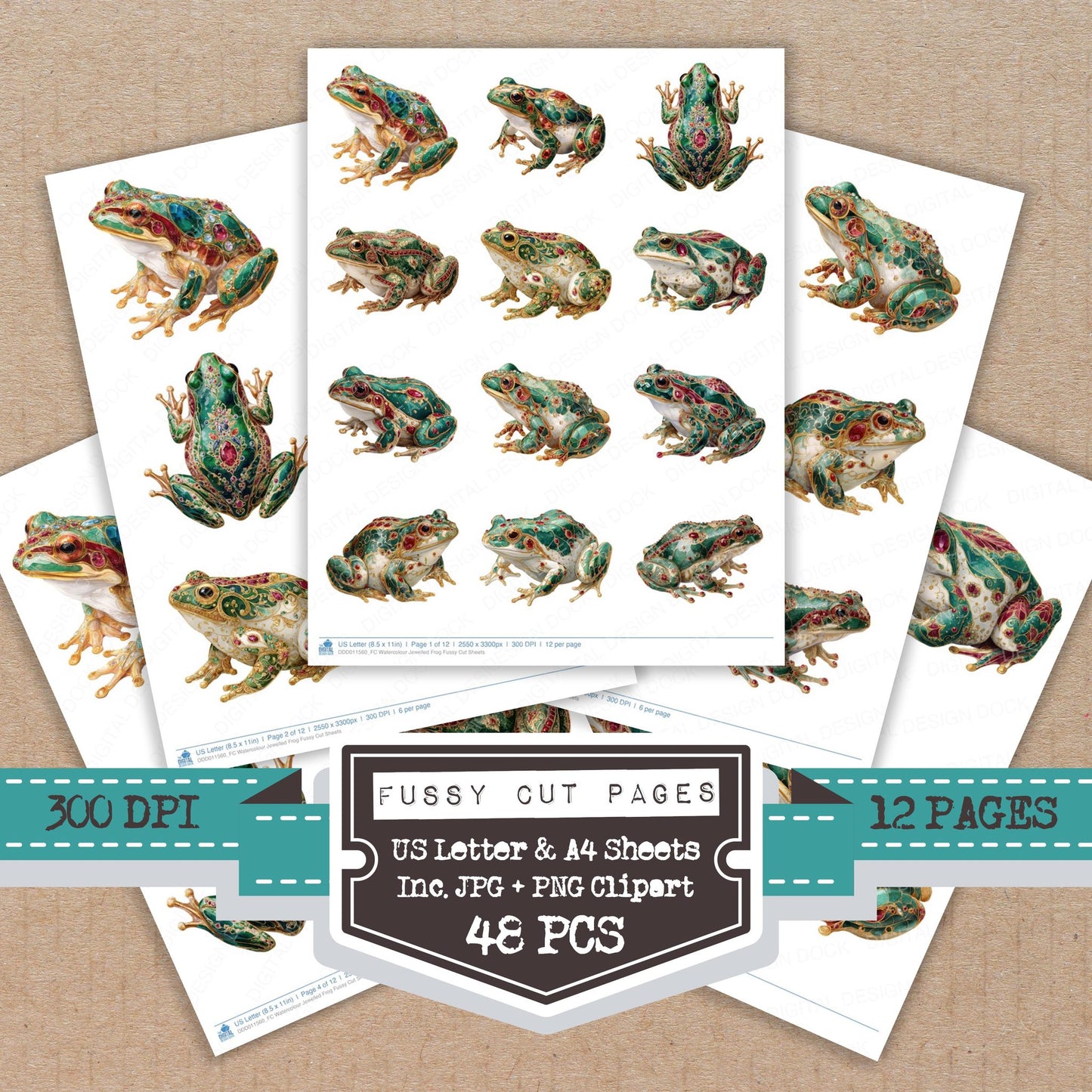 Watercolour Jewelled Frog fussy cut printable sheets for junk journaling, scrapbooking, and paper craft projects