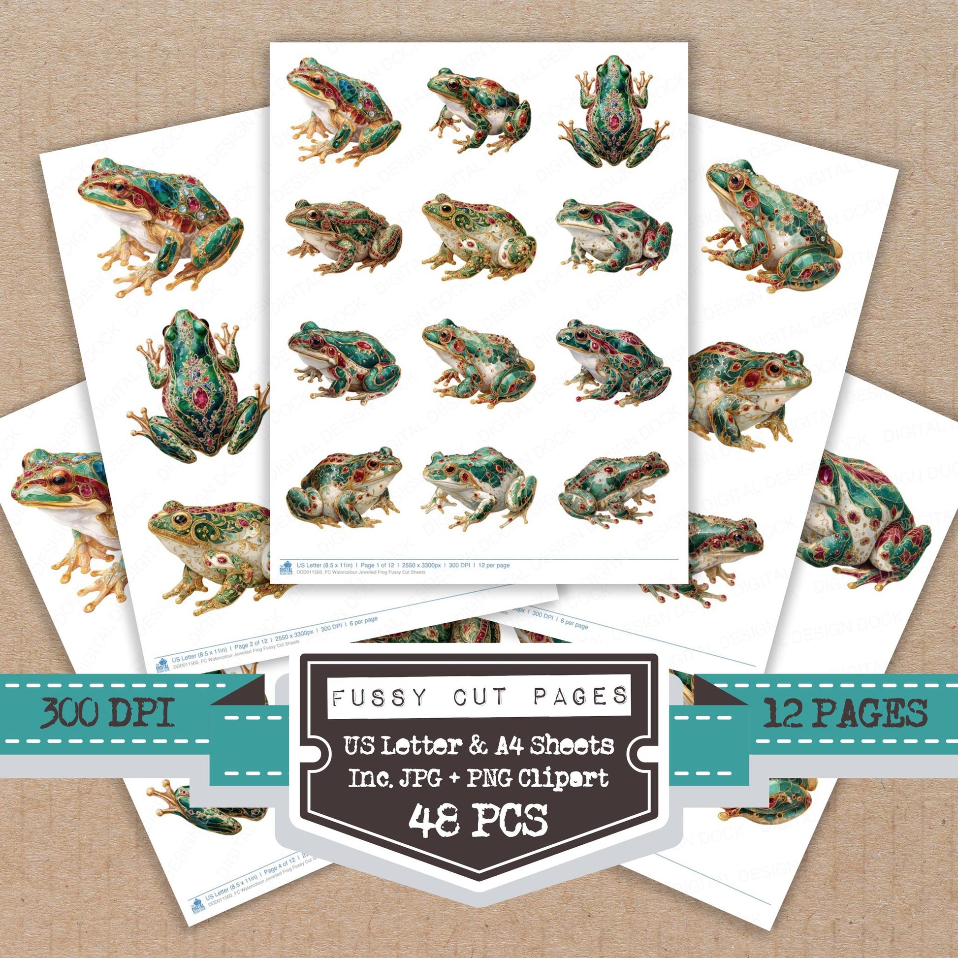 Watercolour Jewelled Frog fussy cut printable sheets for junk journaling, scrapbooking, and paper craft projects