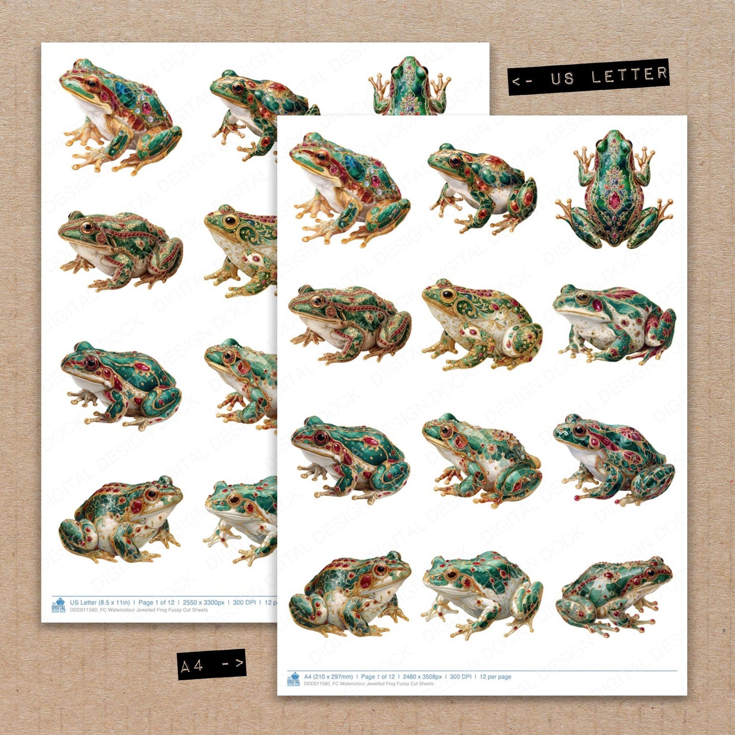 A4 and US Letter format comparison showing Watercolour Jewelled Frog fussy cut pages for print and cut crafting